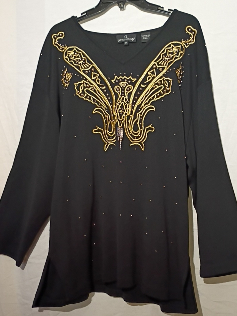 Vintage Black Knit V Neck Sweater with Gold Embroidered Motif, Carole Little 2X